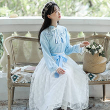 Load image into Gallery viewer, Chinese Style Improved Sweet Retro Hanfu Suit Women Autumn Embroidery Chic Blue Shirt Top+White Lace Fairy Skirt Shorts Sets