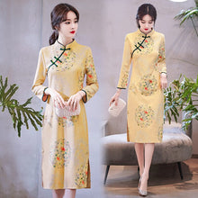 Load image into Gallery viewer, Chinese Style Vintage Print Suede Improved Cheongsam Women Stand Collar Autumn Young Modern Knee Length Dress Female Clothes