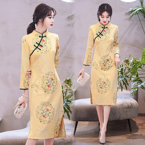 Chinese Style Vintage Print Suede Improved Cheongsam Women Stand Collar Autumn Young Modern Knee Length Dress Female Clothes