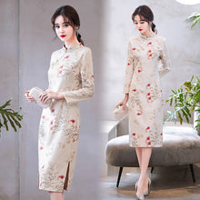 Load image into Gallery viewer, Chinese Style Vintage Print Suede Improved Cheongsam Women Stand Collar Autumn Young Modern Knee Length Dress Female Clothes