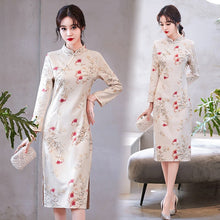 Load image into Gallery viewer, Chinese Style Vintage Print Suede Improved Cheongsam Women Stand Collar Autumn Young Modern Knee Length Dress Female Clothes