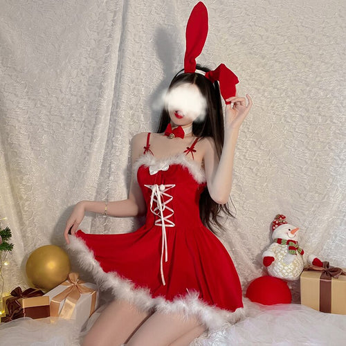 Christmas Gift Bunny Girl Cosplay Night Dress Women Sleepwear Velvet Nightgown Party Sexy Lingerie Backless Sleep Tops Camisole