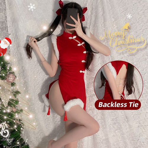 Christmas Gift Cheongsam Night Dress Women Sleepwear Velvet Nightgown Party Cosplay Sexy Lingerie Backless Camisole Sleep Tops