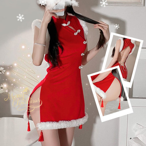 Christmas Gift Cheongsam Night Dress Women Sleepwear Velvet Nightgown Party Sexy Lingerie Backless Camisole Cosplay Sleep Tops