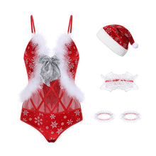 Load image into Gallery viewer, Christmas Gift Girlfrend Cute Sexy Underwear Women Bodysuit Femme Lingerie Costume Red Onesie Hat Velvet Hot Waist Uniform Set
