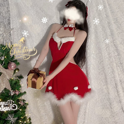Christmas Gift Night Dress Women Lace Sleepwear Velvet Plush Nightgown Cosplay Party Sexy Lingerie Backless Sleep Tops Camisole
