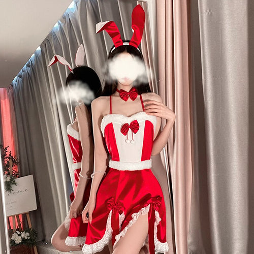Christmas Gift Pamajas Women Night Dress Bunny Girl Party Cosplay Lace Sleepwear 3Piece Sexy Lingerie Velvet Nightgown Camisole