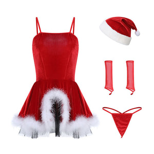 Christmas Gift Women Winter SEXI Underwear Skirt Thong Slit Plush Halter Nightdress Set Role Play Babydoll Lingerie Bodysuits
