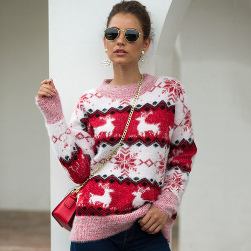 Christmas Sweater Women Winter Warm Snowflake Fawn Sweater Casual Sweet O Neck Pullover Knitted Tops New Year  Fashion Clothes