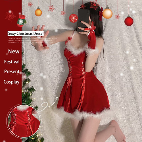 Christmas Uniform Gift Sleepwear Women Night Dress with Glove Velvet Sexy Lingerie Party Nightgown Camisole Cosplay Home Suit