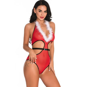 Christmas Women's Sexy Lingerie Fashion Deep V Sexy Without Steel Ring One-piece Jumpsuits Suit Erotic Apparel Large Size