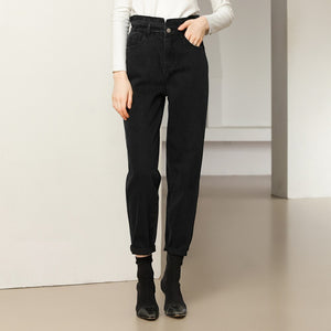 Classic Jeans Women High Waist Loose Black Denim Pants 100%Cotton Ruffle Elastic Waist Female Fashion Autumn Winter New Jean