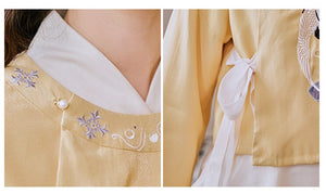 College Style Retro Hanfu Two Piece Set Women Autumn Cross-collar Bow Tie Crop Top+Long Sleeved Chiffon Print Dress Suit Fall