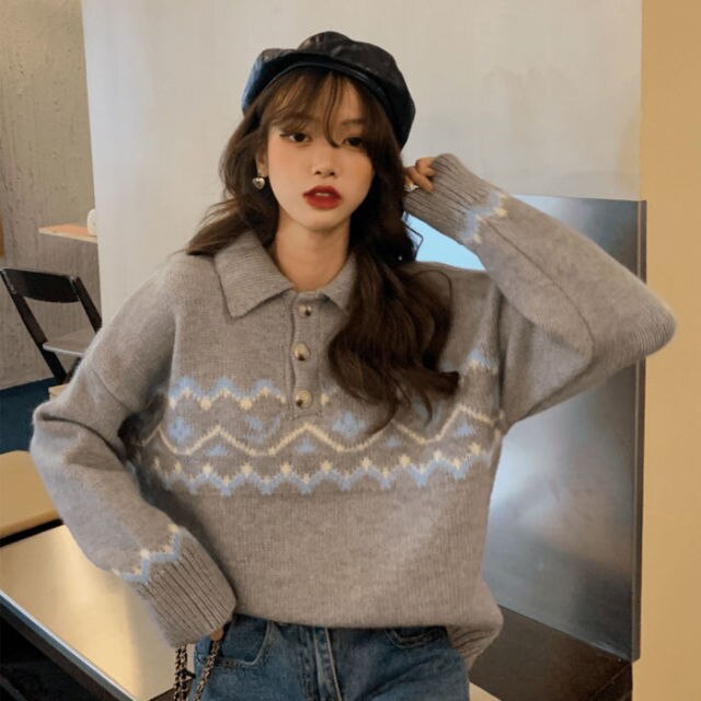 College Style Retro POLO Collar Pullover Jacquard Sweater Female Student Korean Version Loose Knit Sweater Coat Jacket