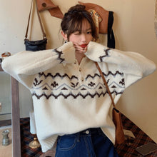 Load image into Gallery viewer, College Style Retro POLO Collar Pullover Jacquard Sweater Female Student Korean Version Loose Knit Sweater Coat Jacket