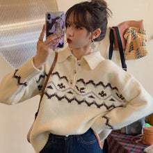 Load image into Gallery viewer, College Style Retro POLO Collar Pullover Jacquard Sweater Female Student Korean Version Loose Knit Sweater Coat Jacket