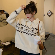 Load image into Gallery viewer, College Style Retro POLO Collar Pullover Jacquard Sweater Female Student Korean Version Loose Knit Sweater Coat Jacket