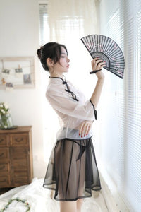 Colorful Sexy Lingerie Cheongsam Split Skirt Elegant Suit Transparent Mesh Retro Night Club Republic Cosplay Women Clothing