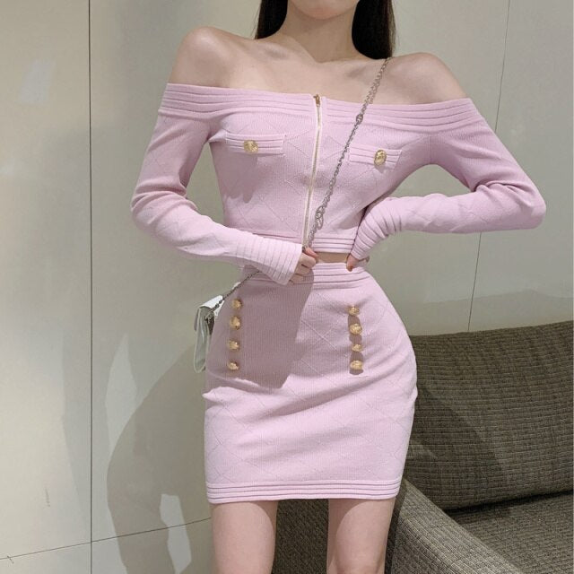 Combined skirt, short sleeved sweater and tight skirt, Korean fashion, autumn