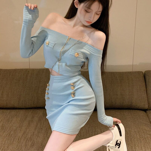 Combined skirt, short sleeved sweater and tight skirt, Korean fashion, autumn