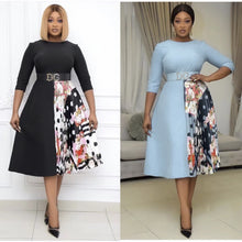 Load image into Gallery viewer, Contrasting Color Dress Plus Size Women&#39;s Round Neck Three-Quarter Sleeves With Belt Fashion And Elegant Slim African Dress 2021