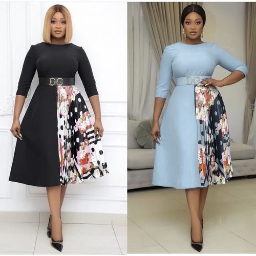 Contrasting Color Dress Plus Size Women's Round Neck Three-Quarter Sleeves With Belt Fashion And Elegant Slim African Dress 2021