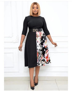 Contrasting Color Dress Plus Size Women's Round Neck Three-Quarter Sleeves With Belt Fashion And Elegant Slim African Dress 2021