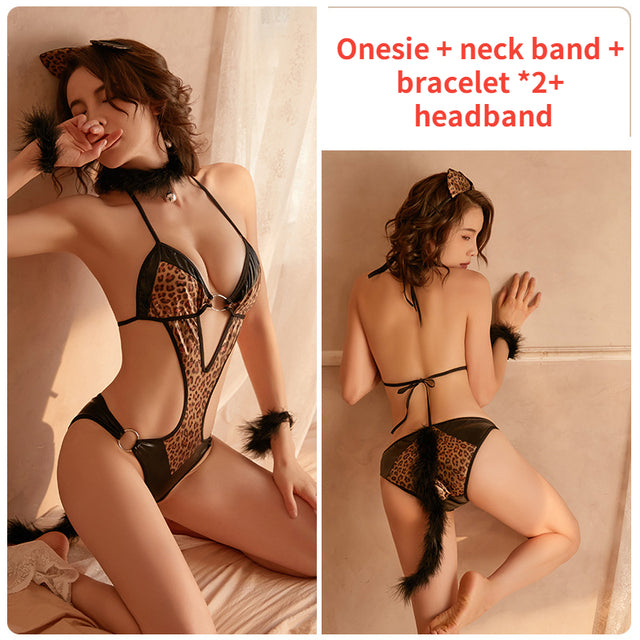 Cosplay Cat Lady Porno Teddies Woman Sexy Lingerie Suit Femme Erotica Bodysuit Hot Leopard Patent Leather Slim Slutty Clothes