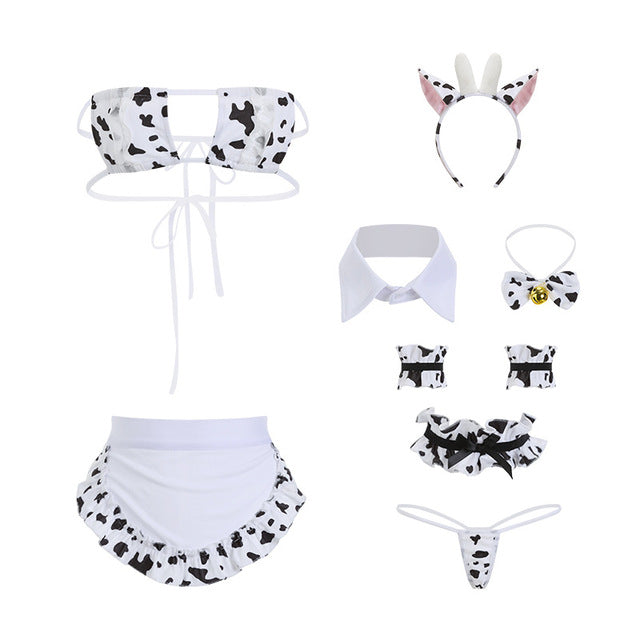 Cosplay Maid Costume Kawaii Cute Cow Women Sexual Lingerie Hollow-out Porno Adult Sex Uniform Set Micro Bikini Exotic Dancewear