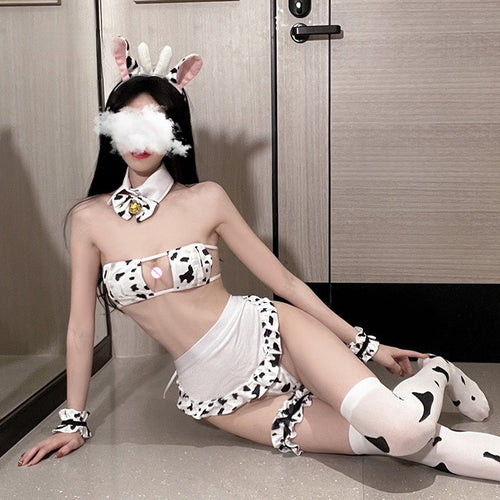 Cosplay Maid Costume Kawaii Cute Cow Women Sexual Lingerie Hollow-out Porno Adult Sex Uniform Set Micro Bikini Exotic Dancewear
