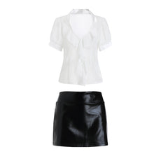 Load image into Gallery viewer, Cosplay Sexy Secretary Costume Women Porno Fantasy Lingerie Set Femme V-chiffon See-through Blouse Top Patent Leather Skirt Suit