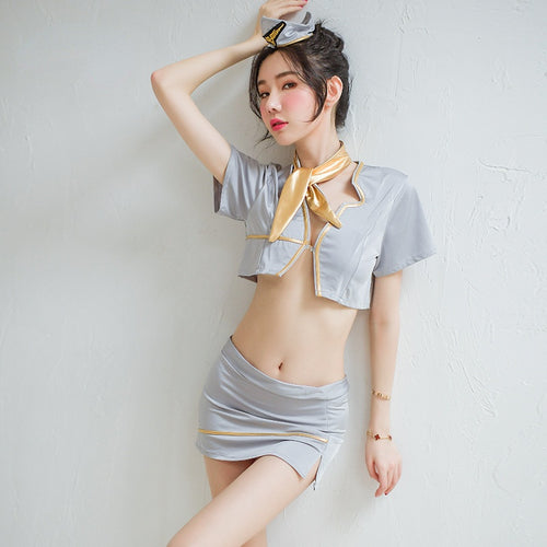 Cosplay Stewardess Uniform Woman Sexy Porno Skirt Femme V-top Dress Set Exotica Naughty Roleplay Flight Attendant Slutty Clothes