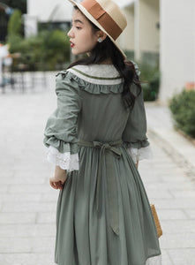 Cottage Style Green Prairie Dress Vintage Mori Girl Peter Pan Collar Petal Sleeve Lace Loose Casual Dresses Retro Lady Vestido