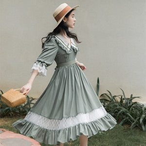 Cottage Style Green Prairie Dress Vintage Mori Girl Peter Pan Collar Petal Sleeve Lace Loose Casual Dresses Retro Lady Vestido