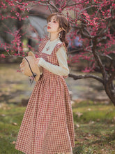 Load image into Gallery viewer, Cottage Style Red Plaid Dress Woman Japan Mori Girl Knitted Embroidery Flower Loose Casual Vintage Lady Midi Dresses Faldas