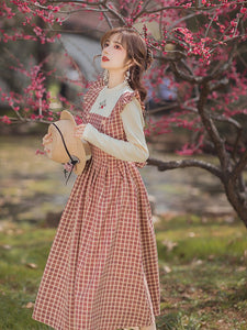 Cottage Style Red Plaid Dress Woman Japan Mori Girl Knitted Embroidery Flower Loose Casual Vintage Lady Midi Dresses Faldas