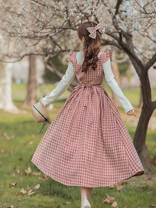 Cottage Style Red Plaid Dress Woman Japan Mori Girl Knitted Embroidery Flower Loose Casual Vintage Lady Midi Dresses Faldas