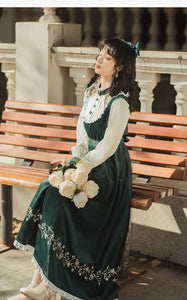 Cottagecore Prairie Chic Dress French Style Green Velvet Lantern Sleeve Heart-Shaped Bottom Embroidery Vintage Gatsby Dresses