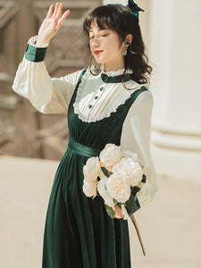 Cottagecore Prairie Chic Dress French Style Green Velvet Lantern Sleeve Heart-Shaped Bottom Embroidery Vintage Gatsby Dresses