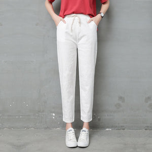 Cotton Linen Ankle Length Pants Women's Summer Autumn Casual Trousers Pencil Leisure Fashion Striped Women Pant Black Green Pink