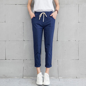 Cotton Linen Ankle Length Pants Women's Summer Autumn Casual Trousers Pencil Leisure Fashion Striped Women Pant Black Green Pink