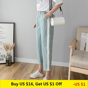 Cotton Linen Ankle Length Pants Women's Summer Autumn Casual Trousers Pencil Leisure Fashion Striped Women Pant Black Green Pink
