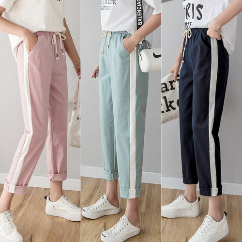 Cotton Linen Ankle Length Pants Women's Summer Autumn Casual Trousers Pencil Leisure Fashion Striped Women Pant Black Green Pink
