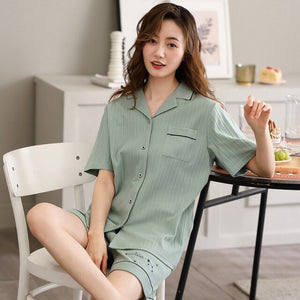 Cotton Pajama Set Female Pure Colour Pijamas Mujer Short Sleeve T-Shirt and Shorts Ladies' Pyjamas Summer Sleepwear Home Clothes