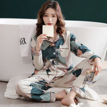 Load image into Gallery viewer, Cotton Pajamas Women Summer Long-sleeved Trousers Two-piece Suit Women&#39;s Satin Loose Printed Home Wear Casual Fashion Pajamas