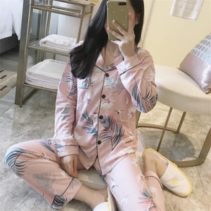 Cotton Pajamas Women Summer Long-sleeved Trousers Two-piece Suit Women's Satin Loose Printed Home Wear Casual Fashion Pajamas