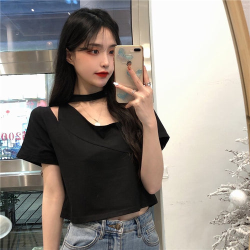 Cotton Summer New Hollow-out Design Sense Niche Short-Sleeved T-shirt Female Western Top Plus Size Streetwear Korean Clothes