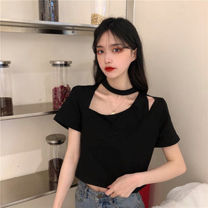 Cotton Summer New Hollow-out Design Sense Niche Short-Sleeved T-shirt Female Western Top Plus Size Streetwear Korean Clothes