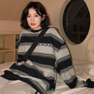 Cotton Sweaters Female Casual Stripe Embroidered Letter O-neck Knitted Tops 2021 Autumn New Korean Loose Slim Vintage Pullovers