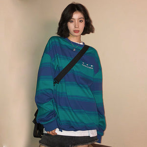 Cotton Sweaters Female Casual Stripe Embroidered Letter O-neck Knitted Tops 2021 Autumn New Korean Loose Slim Vintage Pullovers